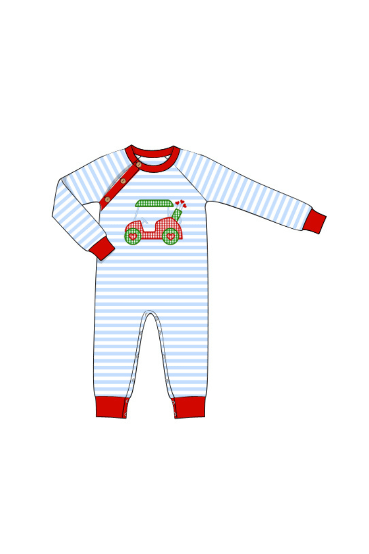 The Smocked Flamingo Apparel & Accessories Pre-Order Applique Golf Heart Blue Stripe Romper