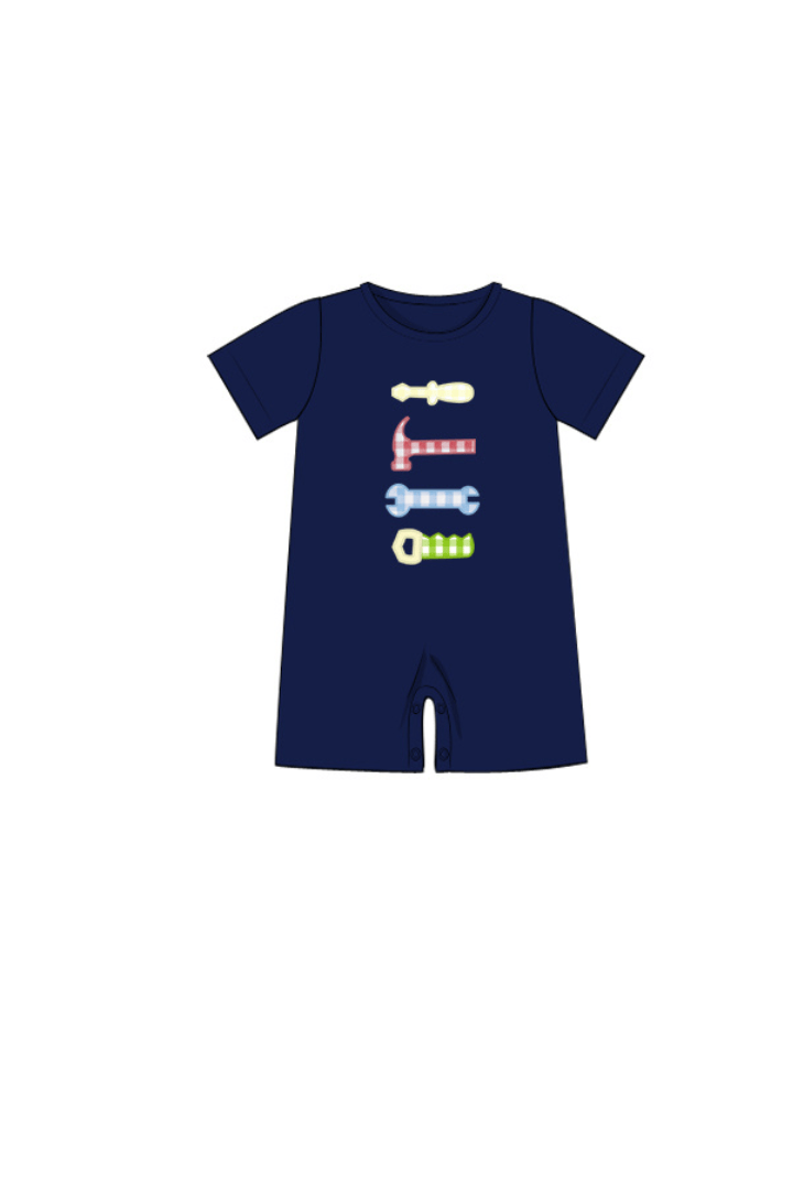 The Smocked Flamingo Apparel & Accessories Pre-Order Applique Handy Man Blue Gingham Short Romper