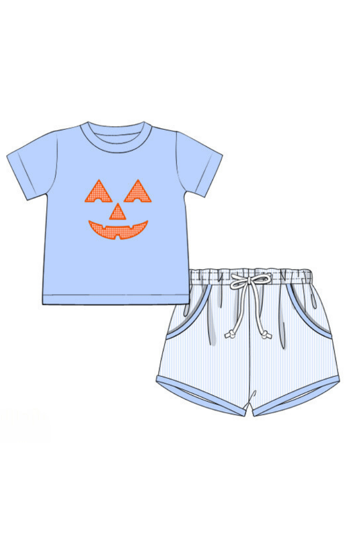 The Smocked Flamingo Apparel & Accessories Pre-Order Applique Jack-o-lantern Blue Short Set