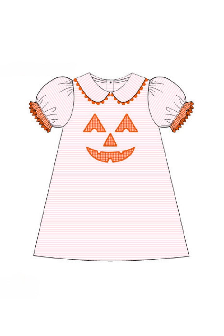 The Smocked Flamingo Apparel & Accessories Pre-Order Applique Jack-o-lantern Pink Dress