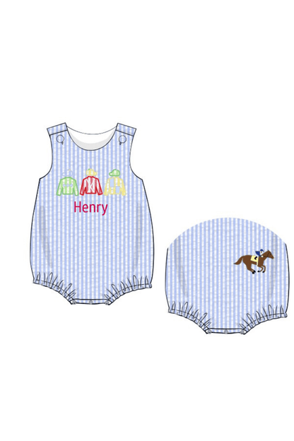 The Smocked Flamingo Apparel & Accessories Pre-Order Applique Jockey Silks Blue Seersucker Bubble