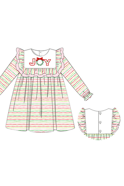 The Smocked Flamingo Apparel & Accessories Pre-Order Applique JOY Striped Ruffle Dress