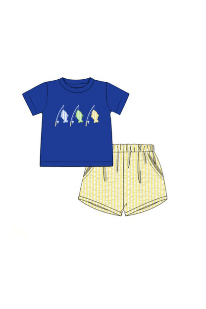 The Smocked Flamingo Apparel & Accessories Pre-Order Applique Let's Go Fishing Royal Blue Short Set