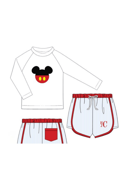 The Smocked Flamingo Apparel & Accessories Pre-Order Applique Mouse Blue Stripe 2pc Rash Guard and Trunks