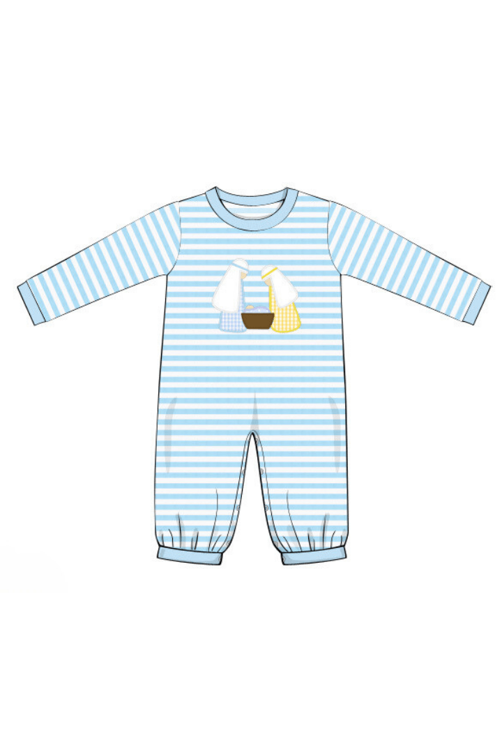 The Smocked Flamingo Apparel & Accessories Pre-Order Applique Nativity Blue Stripe Romper