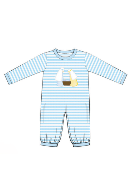 The Smocked Flamingo Apparel & Accessories Pre-Order Applique Nativity Blue Stripe Romper