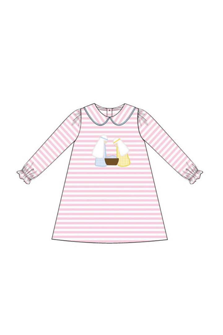 The Smocked Flamingo Apparel & Accessories Pre-Order Applique Nativity Pink Stripe Dress