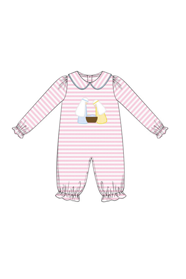 The Smocked Flamingo Apparel & Accessories Pre-Order Applique Nativity Pink Stripe Romper