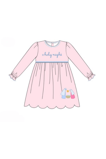 The Smocked Flamingo Apparel & Accessories Pre-Order Applique O Holy Night Scalloped Dress