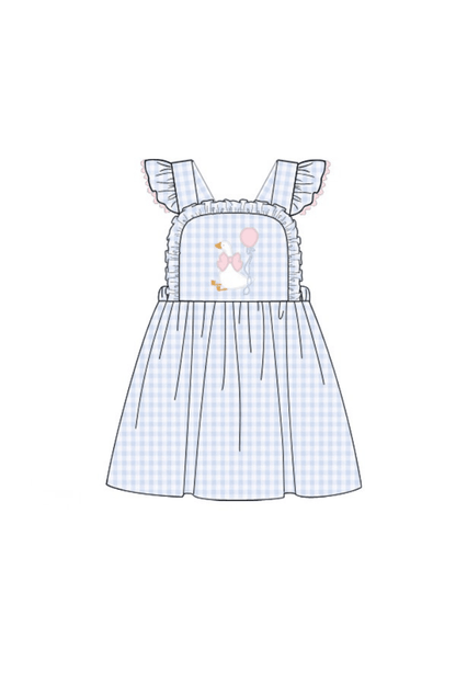 The Smocked Flamingo Apparel & Accessories Pre-Order Applique Party Goose Blue Gingham Ruffle Dress