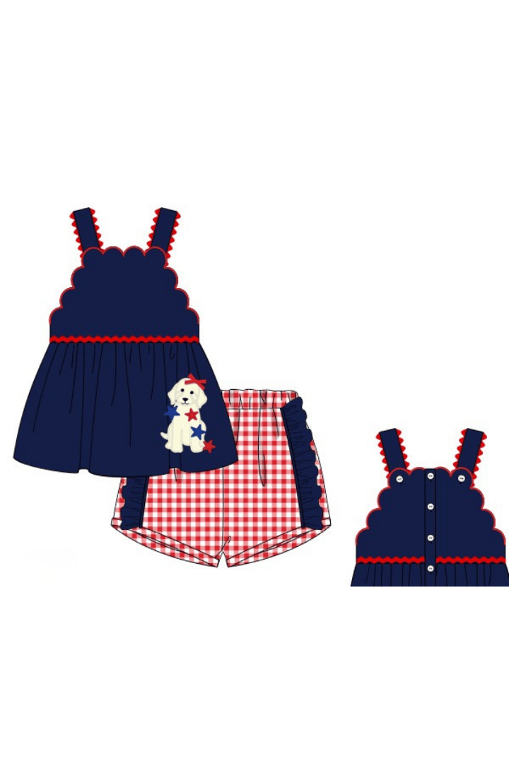 The Smocked Flamingo Apparel & Accessories Pre-Order Applique Patriotic Pup Gingham Short Set