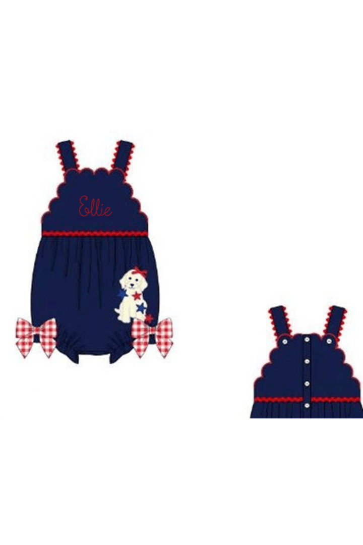 The Smocked Flamingo Apparel & Accessories Pre-Order Applique Patriotic Pup Navy/Gingham Bubble