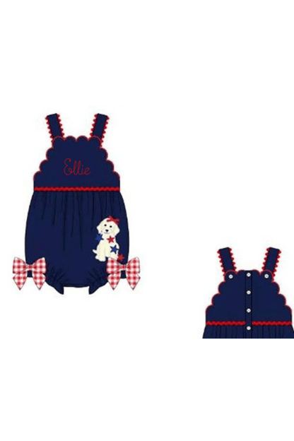 The Smocked Flamingo Apparel & Accessories Pre-Order Applique Patriotic Pup Navy/Gingham Bubble