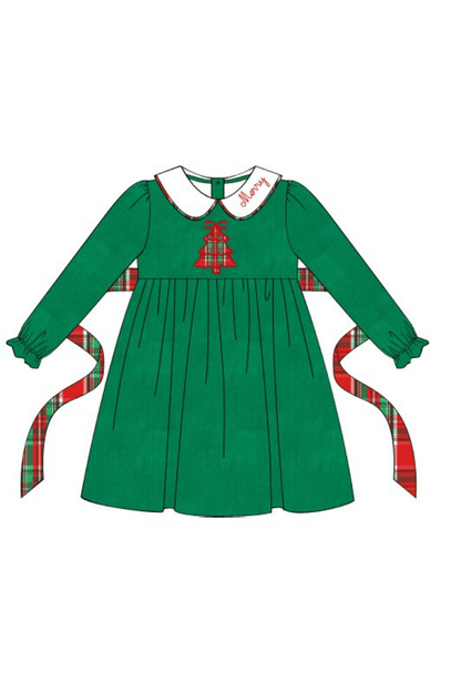 The Smocked Flamingo Apparel & Accessories Pre-Order Applique Plaid Merry Christmas Tree Green Corduroy Dress