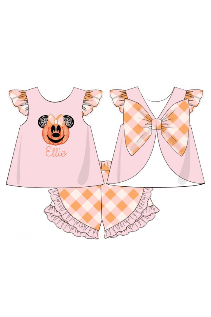 The Smocked Flamingo Apparel & Accessories Pre-Order Applique Pumpkin Mouse Pink Plaid Bow Short Set