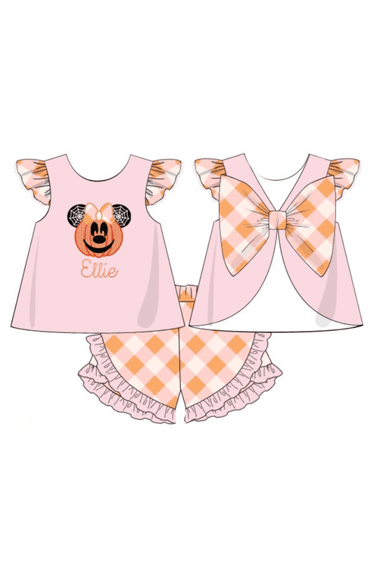 The Smocked Flamingo Apparel & Accessories Pre-Order Applique Pumpkin Mouse Pink Plaid Bow Short Set