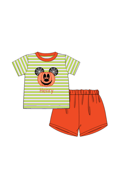 The Smocked Flamingo Apparel & Accessories Pre-Order Applique Pumpkin Mouse Short Set