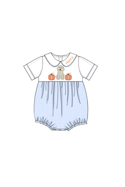 The Smocked Flamingo Apparel & Accessories Pre-Order Applique Pup and Pumpkins Blue Gingham Bubble