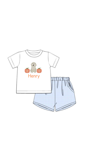 The Smocked Flamingo Apparel & Accessories Pre-Order Applique Pup and Pumpkins Blue Gingham Short Set