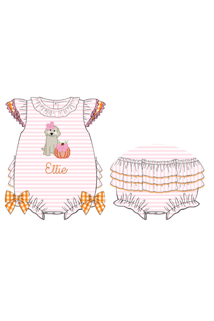 The Smocked Flamingo Apparel & Accessories Pre-Order Applique Pup and Pumpkins Pink and Orange Bubble