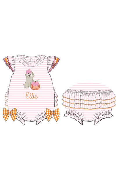 The Smocked Flamingo Apparel & Accessories Pre-Order Applique Pup and Pumpkins Pink and Orange Bubble