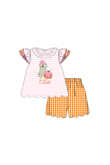 The Smocked Flamingo Apparel & Accessories Pre-Order Applique Pup and Pumpkins Pink and Orange Short Set