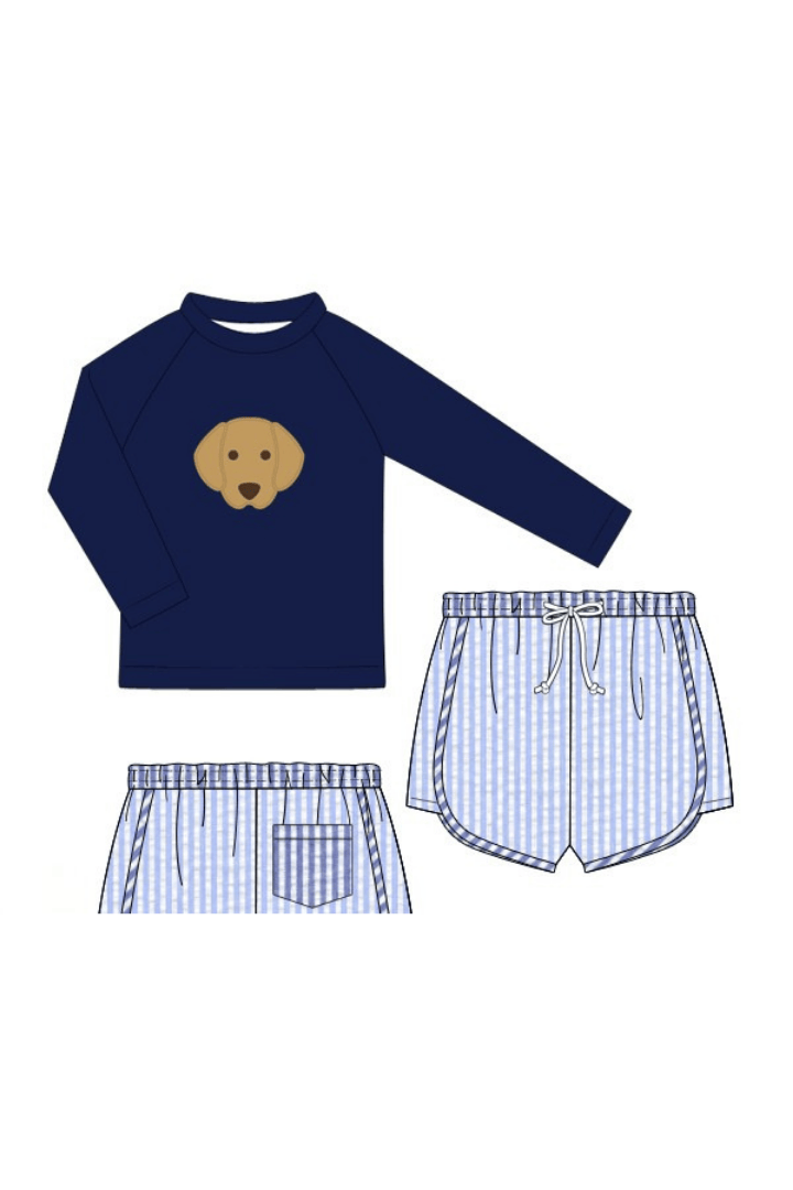 The Smocked Flamingo Apparel & Accessories Pre-Order Applique Puppy Blue Seersucker 2pc Rash Guard and Trunks