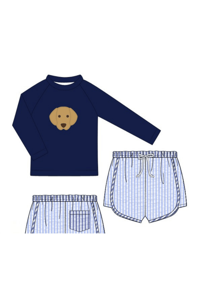 The Smocked Flamingo Apparel & Accessories Pre-Order Applique Puppy Blue Seersucker 2pc Rash Guard and Trunks