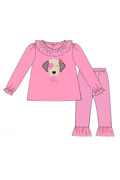 The Smocked Flamingo Apparel & Accessories Pre-Order Applique Puppy Love Pink Polka Dot Knit Pant Set