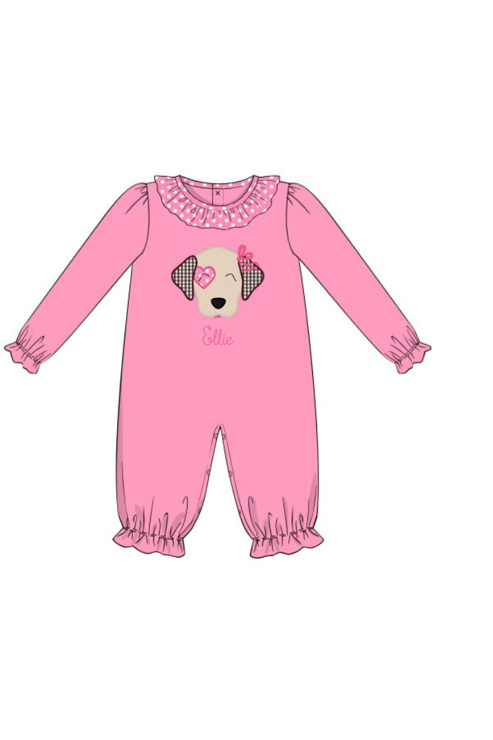 The Smocked Flamingo Apparel & Accessories Pre-Order Applique Puppy Love Pink Polka Dot Knit Romper