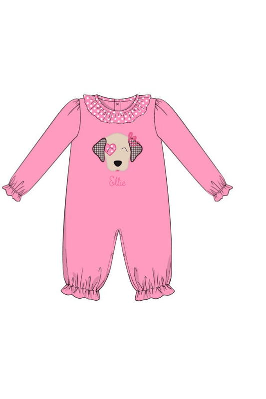 The Smocked Flamingo Apparel & Accessories Pre-Order Applique Puppy Love Pink Polka Dot Knit Romper