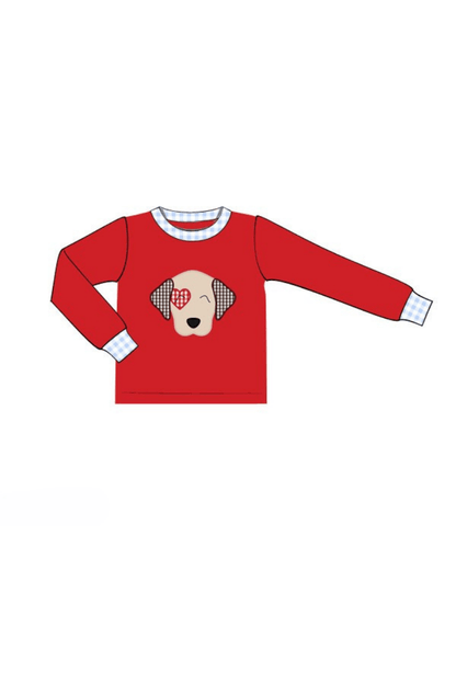 The Smocked Flamingo Apparel & Accessories Pre-Order Applique Puppy Love Red Knit/Gingham Shirt