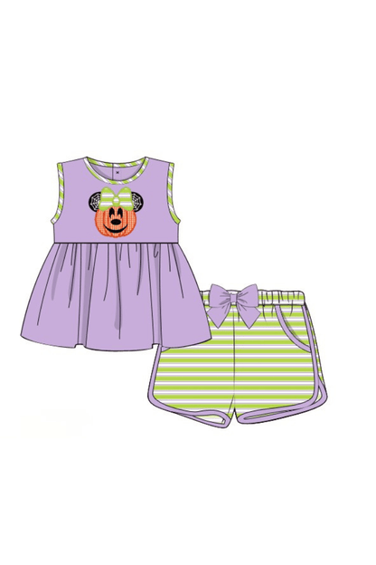 The Smocked Flamingo Apparel & Accessories Pre-Order Applique Purple Pumpkin Mouse Bow Short Set