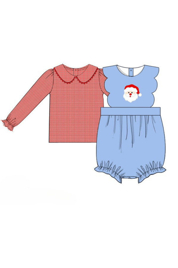 The Smocked Flamingo Apparel & Accessories Pre-Order Applique Santa Blue Corduroy Red Gingham 2pc Bubble