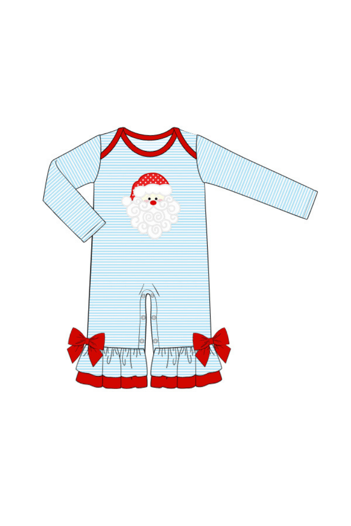 The Smocked Flamingo Apparel & Accessories Pre-Order Applique Santa Blue Stripe/Red Ruffle Romper