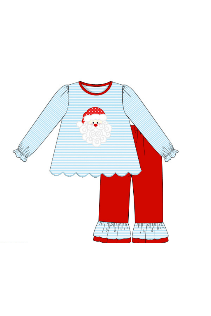 The Smocked Flamingo Apparel & Accessories Pre-Order Applique Santa Blue Stripe/Red Scalloped Pants Set