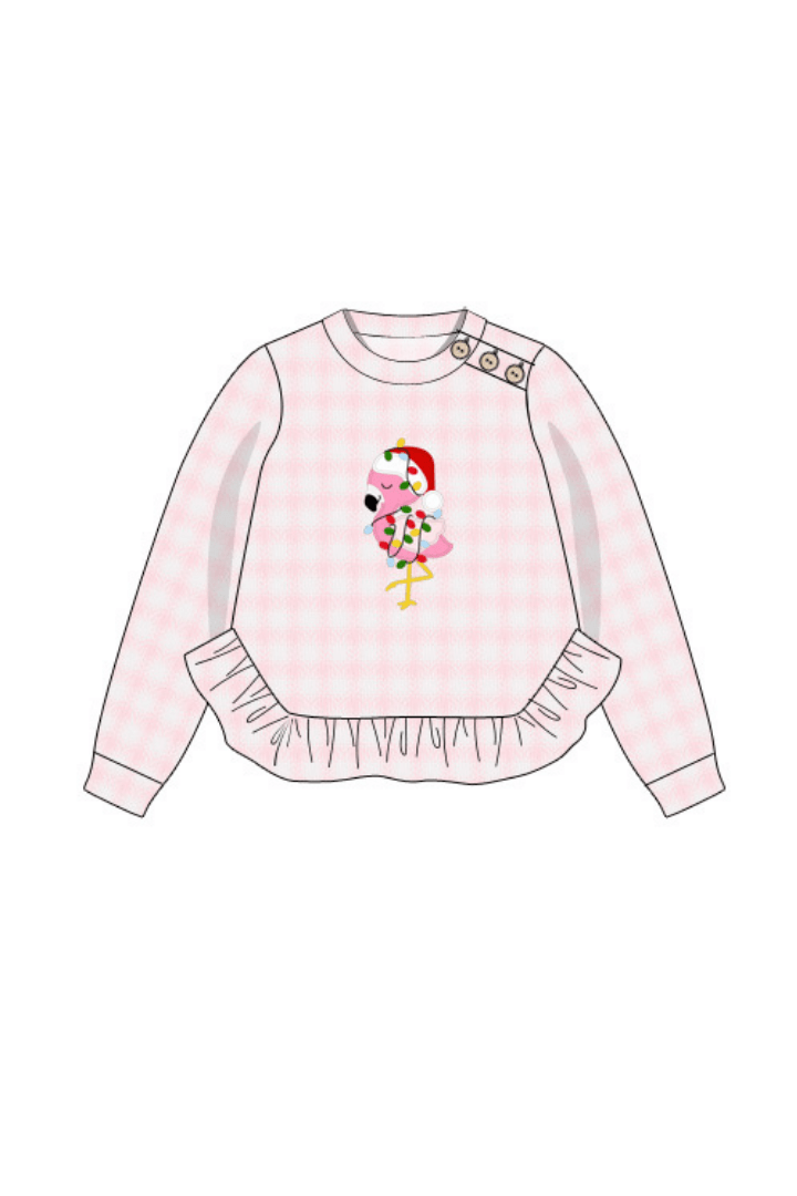 The Smocked Flamingo Apparel & Accessories Pre-Order Applique Santa Flamingo Pink Gingham Cardigan Pullover