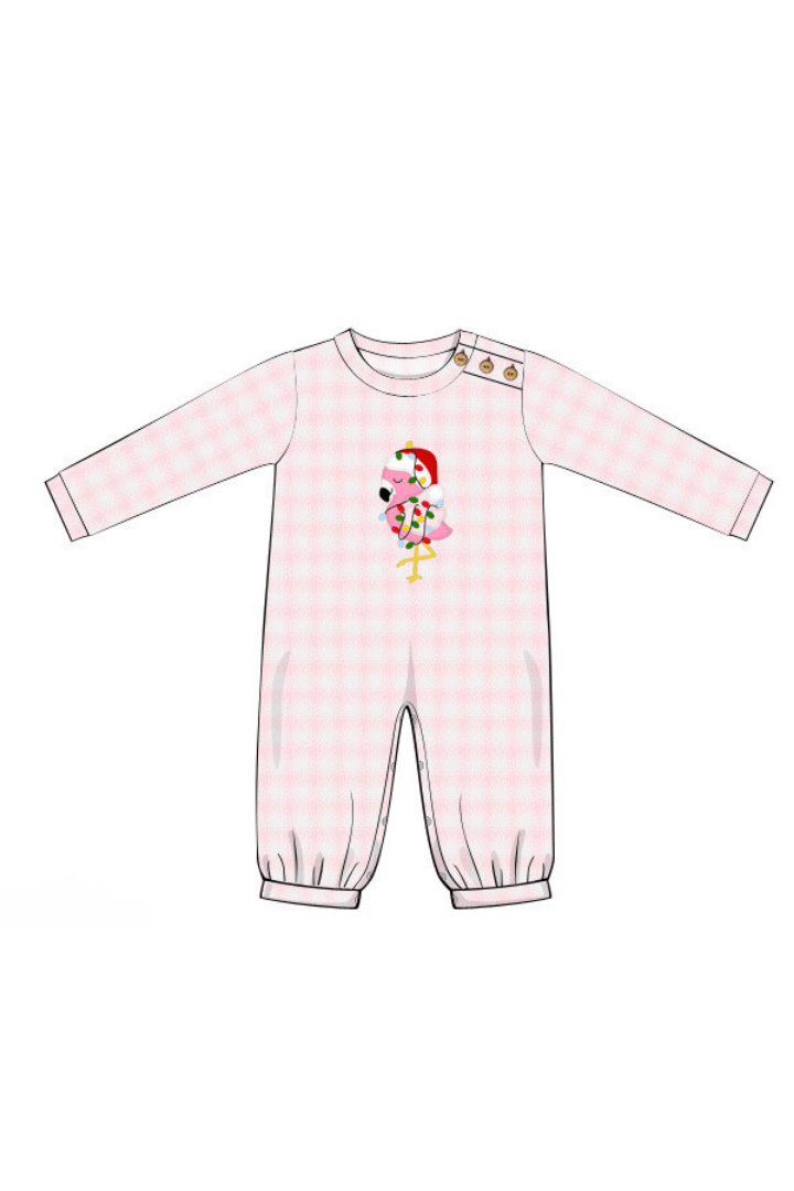 The Smocked Flamingo Apparel & Accessories Pre-Order Applique Santa Flamingo Pink Gingham Cardigan Romper