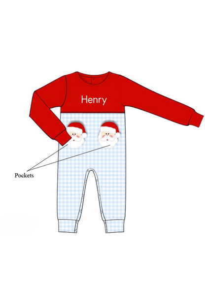 The Smocked Flamingo Apparel & Accessories Pre-Order Applique Santa Pocket Blue/Red Gingham Romper
