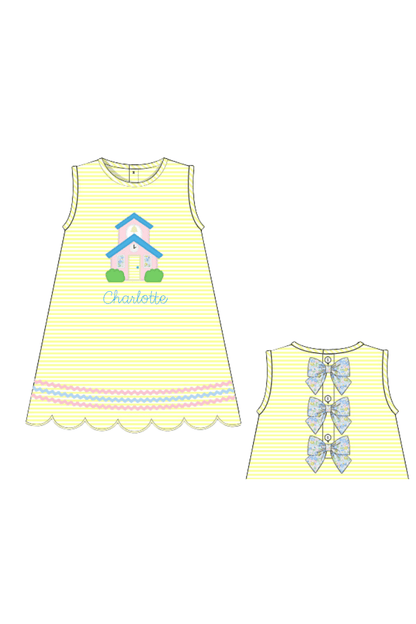 The Smocked Flamingo Apparel & Accessories Pre-Order Applique School House Yellow Stripe Bow Dress
