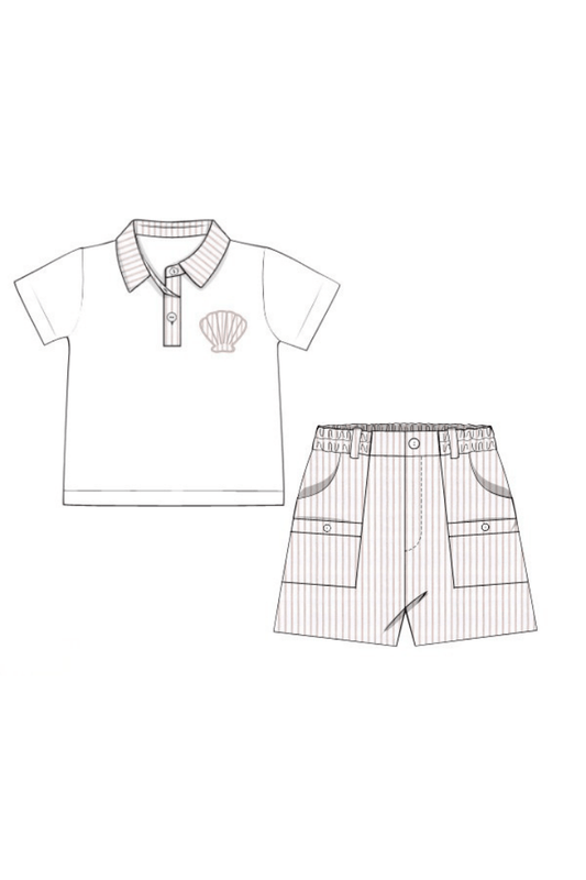 The Smocked Flamingo Apparel & Accessories Pre-Order Applique Sea Shell Khaki Pinstripe Short Set