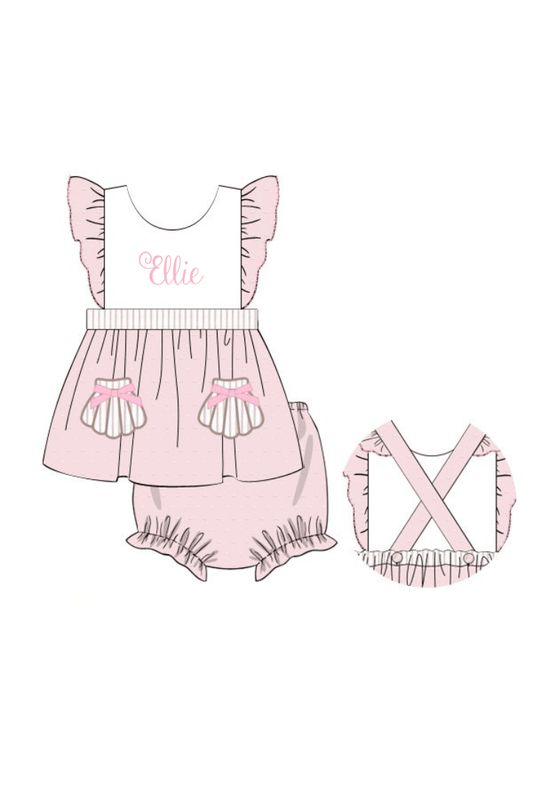 The Smocked Flamingo Apparel & Accessories Pre-Order Applique Sea Shell PInk Swiss Dot Bloomer Set