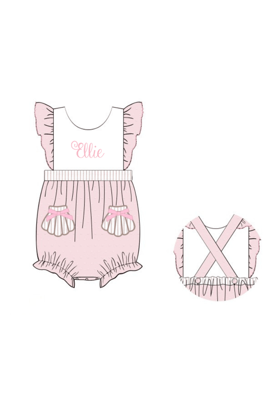 The Smocked Flamingo Apparel & Accessories Pre-Order Applique Sea Shell PInk Swiss Dot Bubble