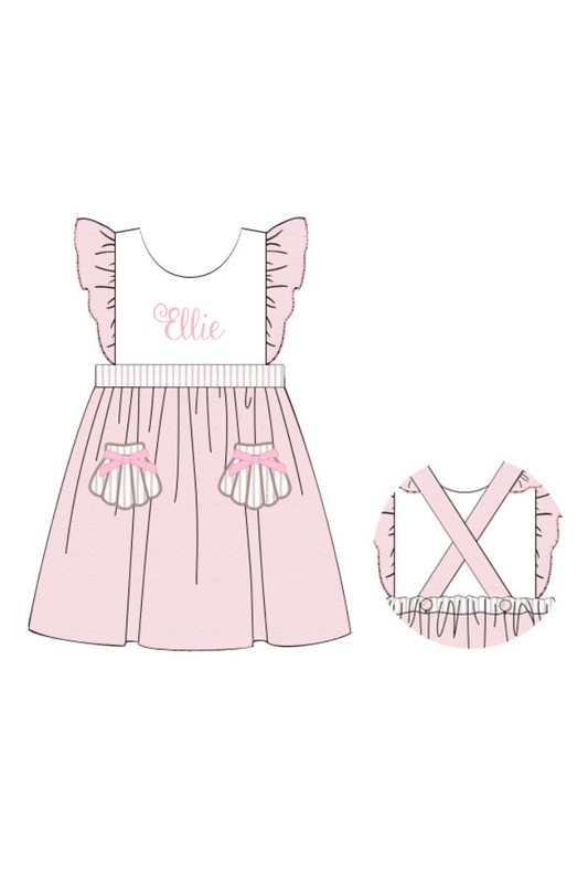 The Smocked Flamingo Apparel & Accessories Pre-Order Applique Sea Shell PInk Swiss Dot Dress