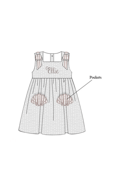 The Smocked Flamingo Apparel & Accessories Pre-Order Applique Sea Shell Seersucker Bow Dress