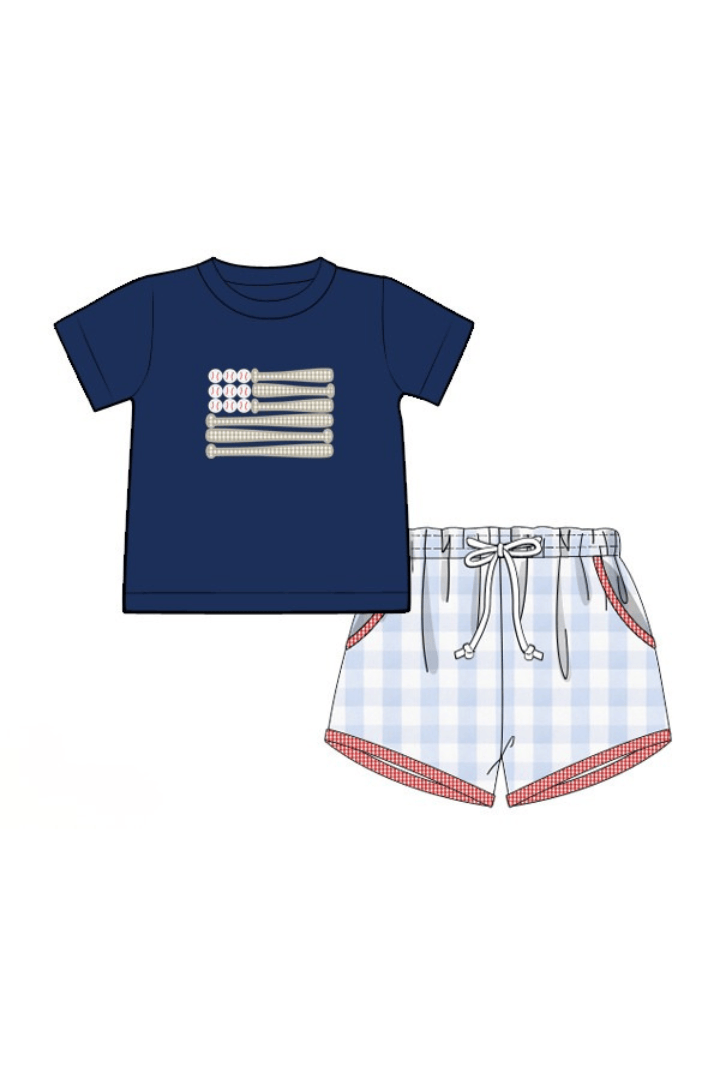 The Smocked Flamingo Apparel & Accessories Pre-Order Applique Stars and Strikes Baseball Blue Gingham Short Set