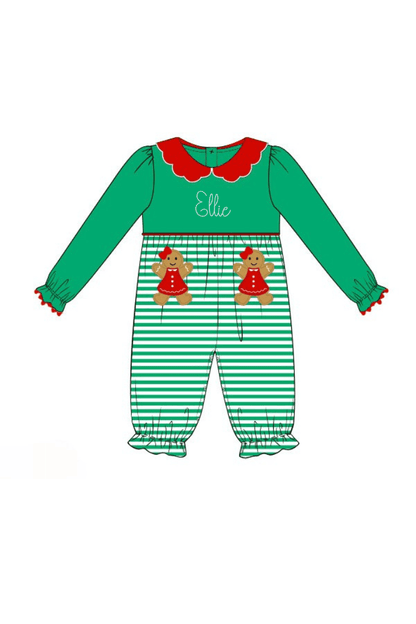 The Smocked Flamingo Apparel & Accessories Pre-Order Applique Sweet Gingerbread Green Stripe Romper