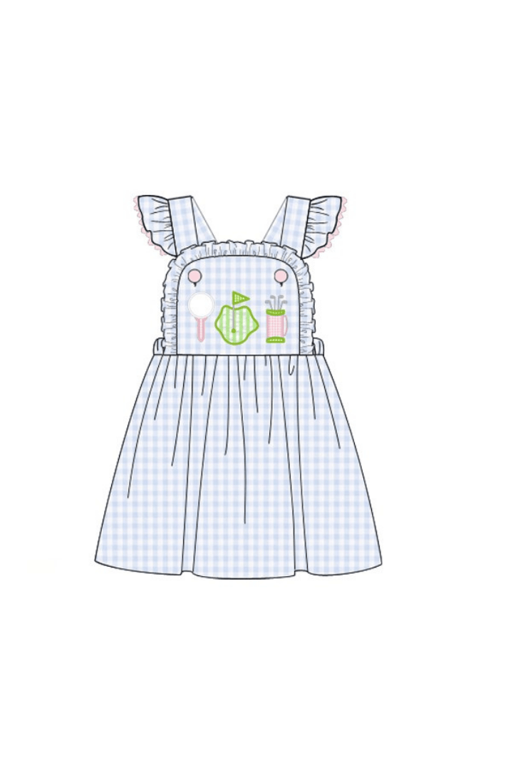 The Smocked Flamingo Apparel & Accessories Pre-Order Applique Tee Time Blue Gingham Sun Dress