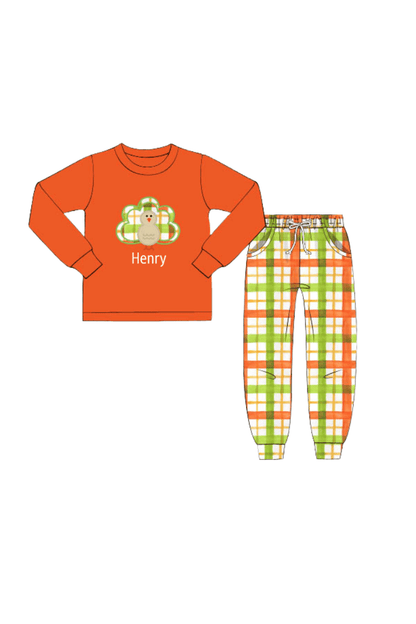 The Smocked Flamingo Apparel & Accessories Pre-Order Applique Turkey Orange Plaid Jogger Set