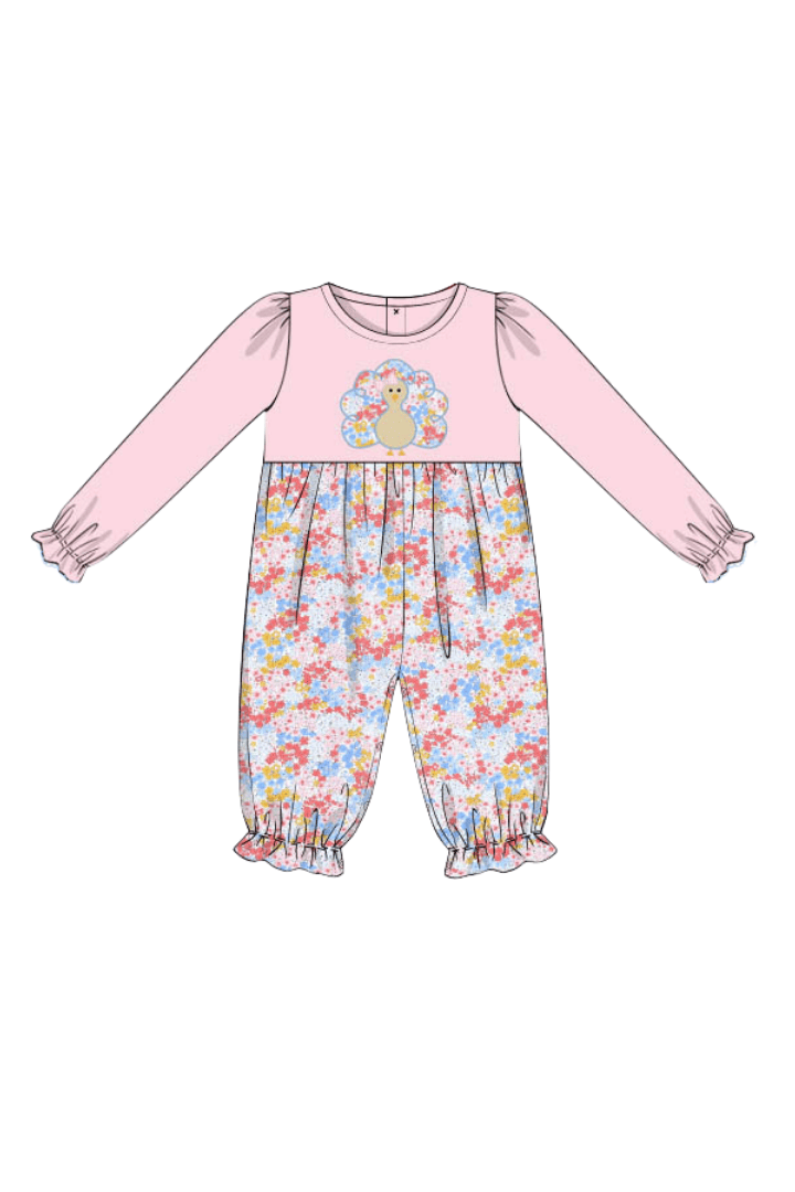 The Smocked Flamingo Apparel & Accessories Pre-Order Applique Turkey Pink Floral Romper